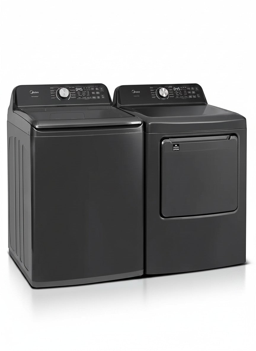 Ensemble laveuse et sécheuse MIDEA gris foncé avec panneau de contrôle numérique, vendu chez TOCO Meubles