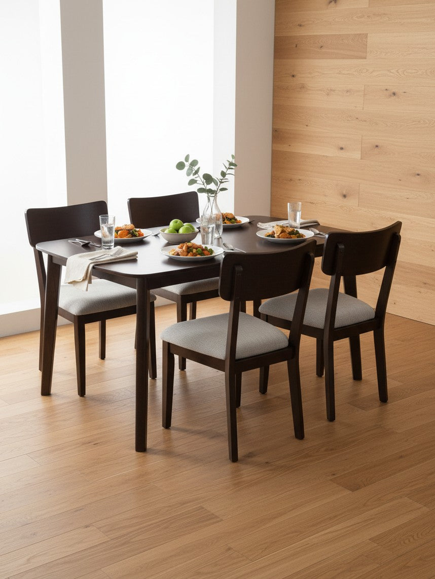 Ensemble de salle à manger Tavia TOCO Meubles avec table rectangulaire et quatre chaises en bois merlot et tissu gris