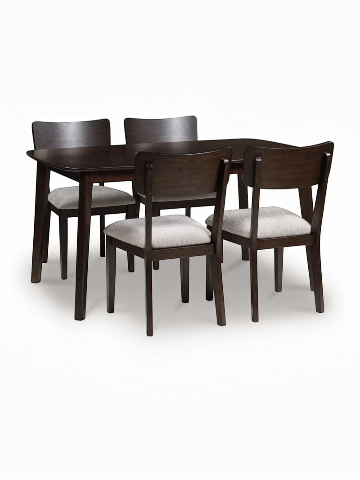 Ensemble de salle à manger Tavia TOCO Meubles avec table en bois merlot et quatre chaises à assise grise rembourrée