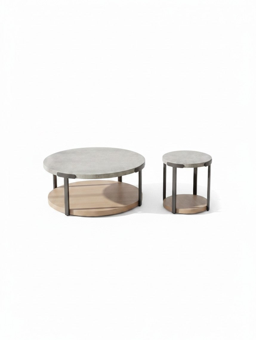 Ensemble de deux tables basses TOCO Meubles avec plateaux ronds en béton, base en bois clair et structure en métal