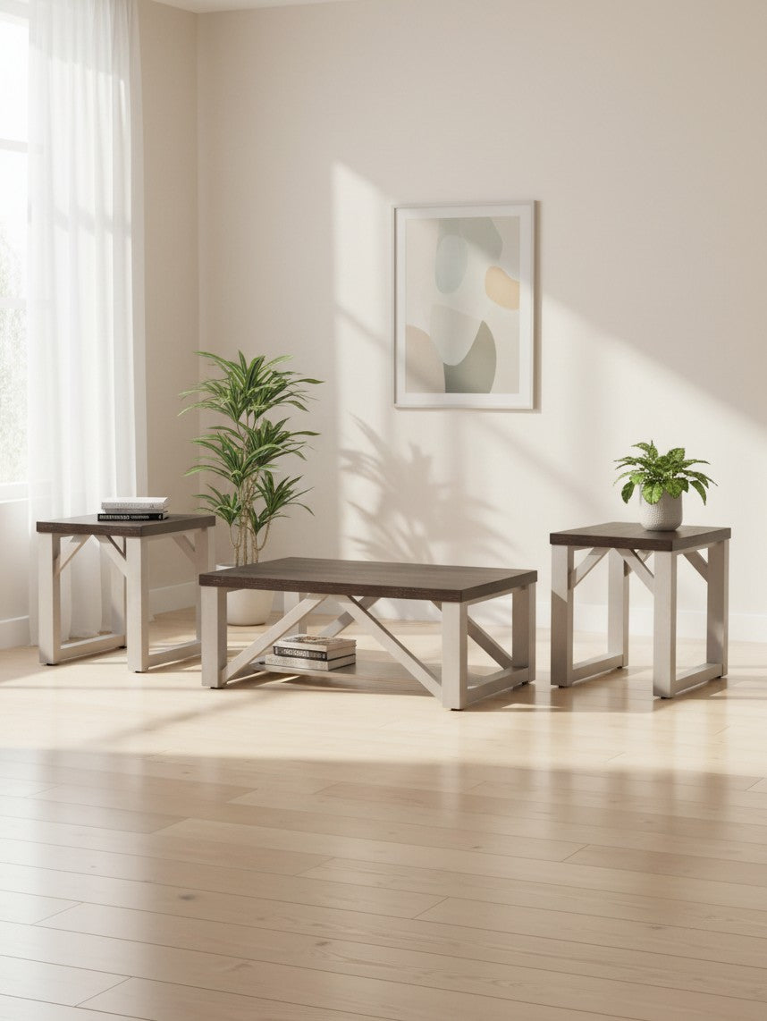 Ensemble de trois tables basses TOCO Meubles style ferme avec dessus brun foncé et pieds blancs antiques