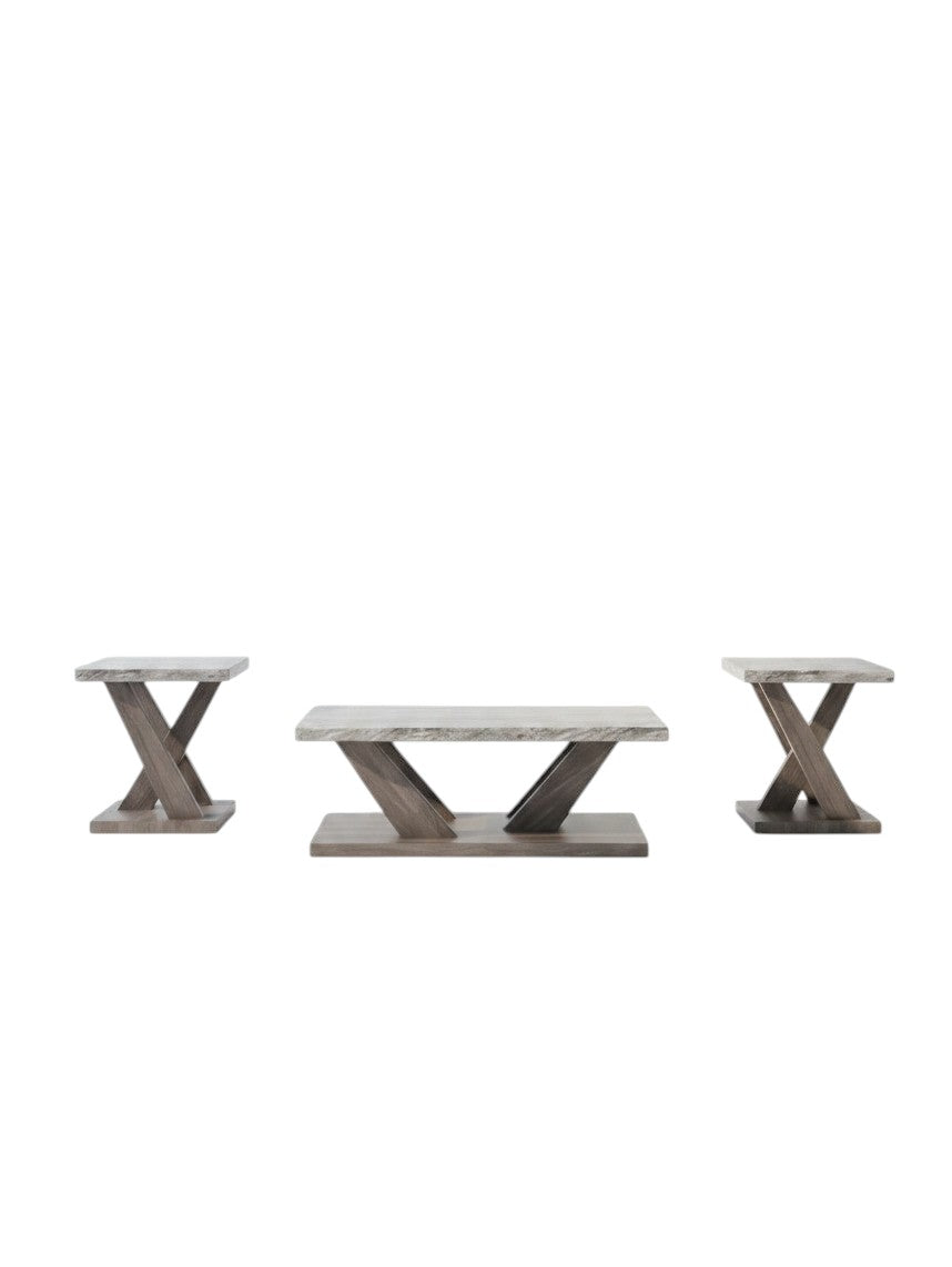Ensemble de 3 tables basses TOCO Meubles avec plateaux gris effet pierre et bases en bois brun en forme de X