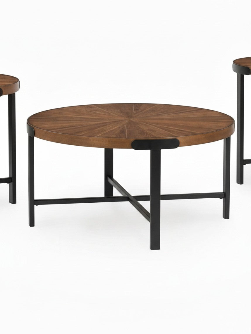 Ensemble de trois tables basses rondes TOCO Meubles avec plateau en bois brun et structure en métal noir