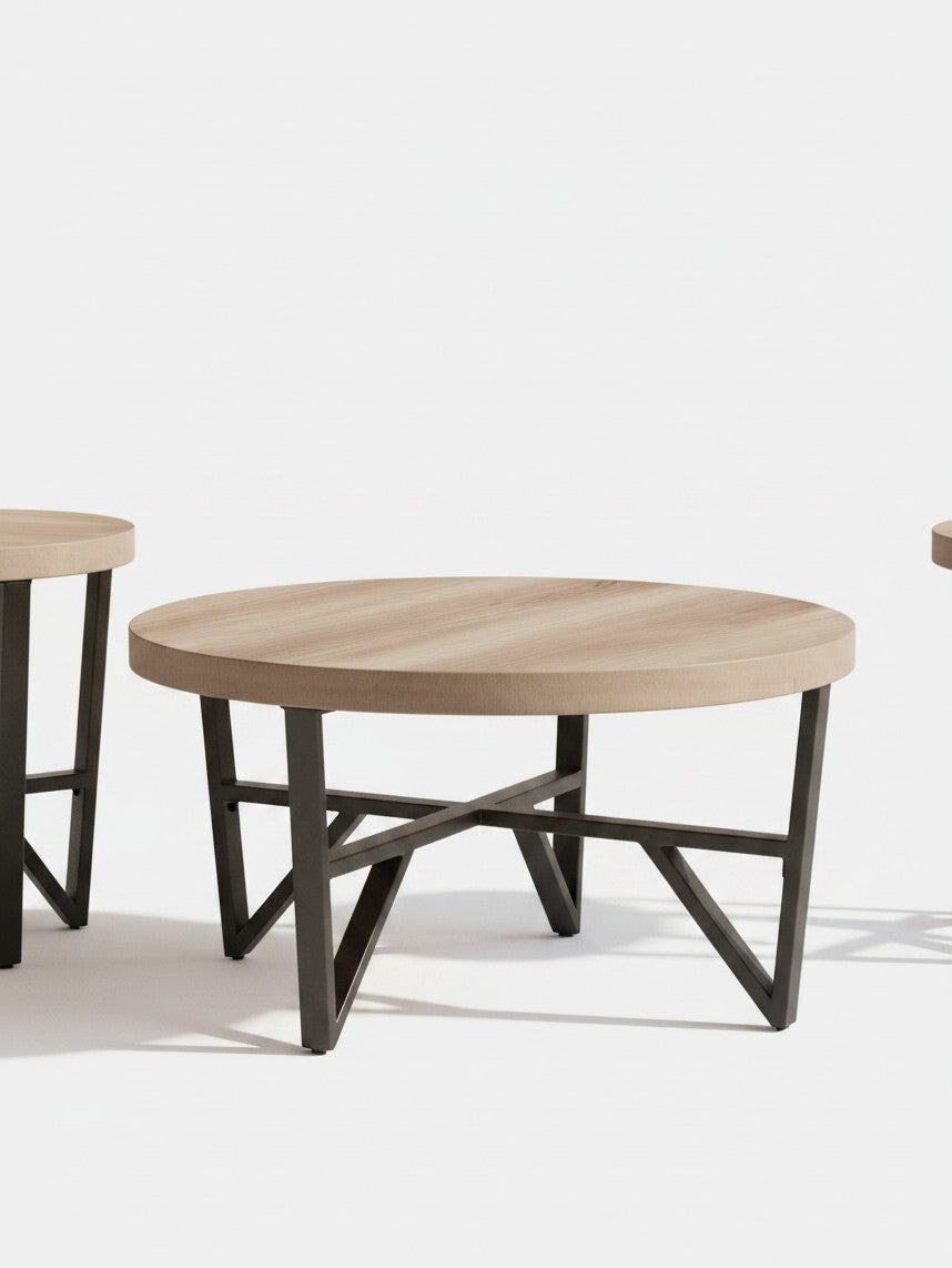 Ensemble de trois tables basses TOCO Meubles avec plateaux ronds en bois brun gris et pieds en métal noir