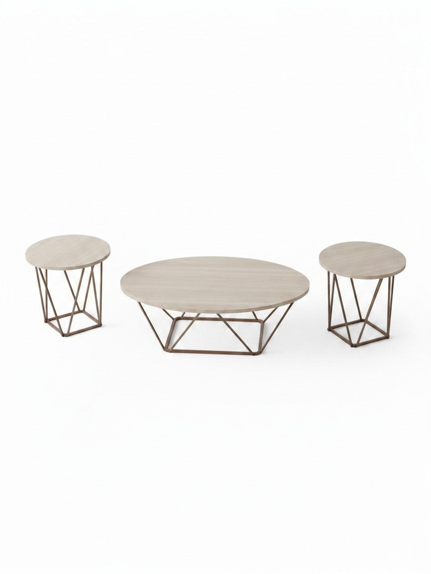 Ensemble de 3 tables basses Tarica TOCO Meubles avec plateaux ronds en bois clair et pieds géométriques métalliques