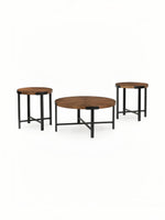 Ensemble de trois tables basses rondes TOCO Meubles avec plateau en bois brun et pieds en métal noir