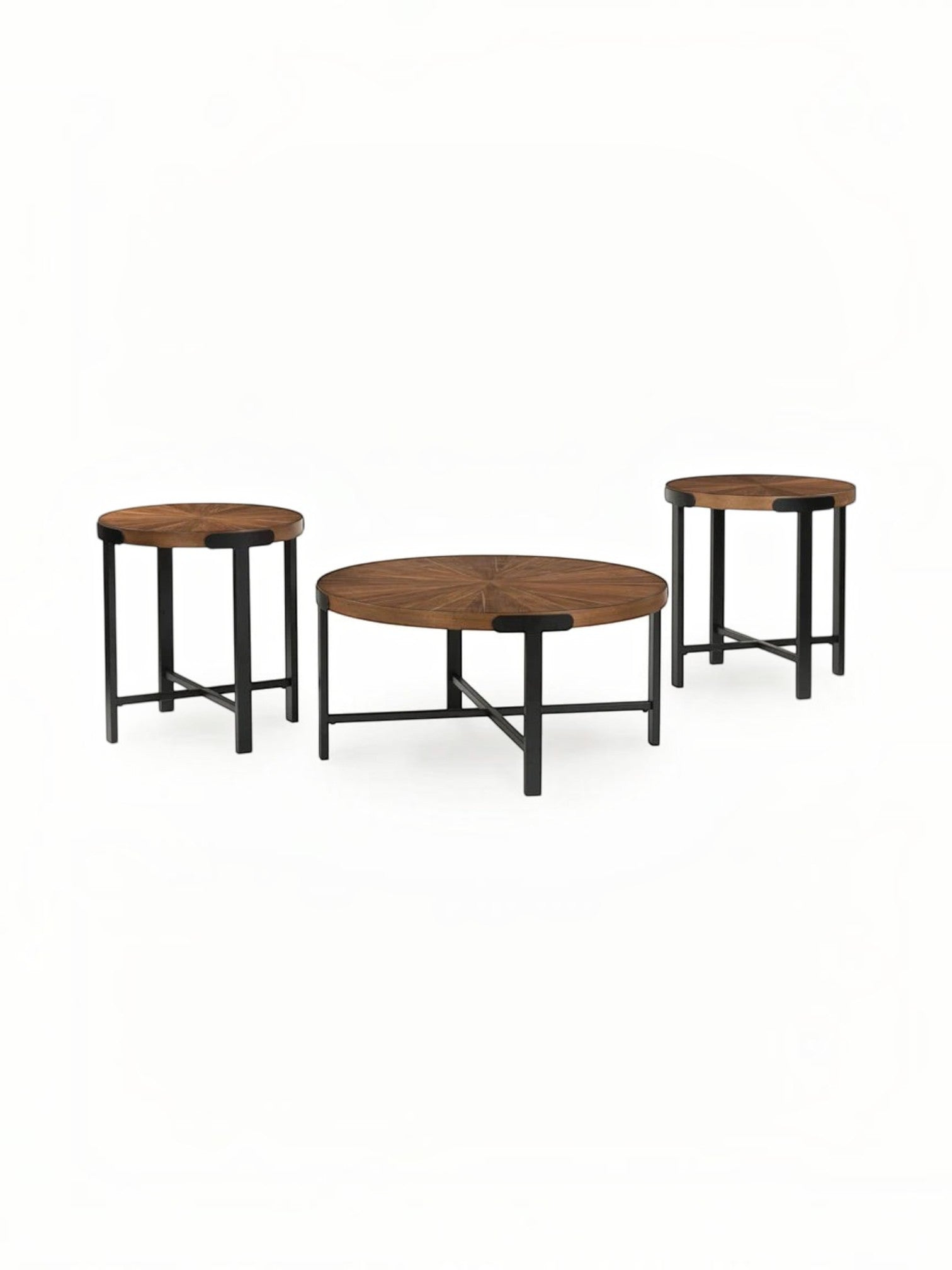 Ensemble de trois tables basses rondes TOCO Meubles avec plateau en bois brun et pieds en métal noir