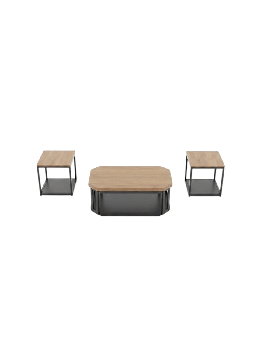 Ensemble de trois tables basses TOCO Meubles avec plateaux en bois et structures métalliques noires modernes