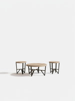 Ensemble de trois tables basses TOCO Meubles avec plateaux ronds en bois brun gris et pieds en métal noir