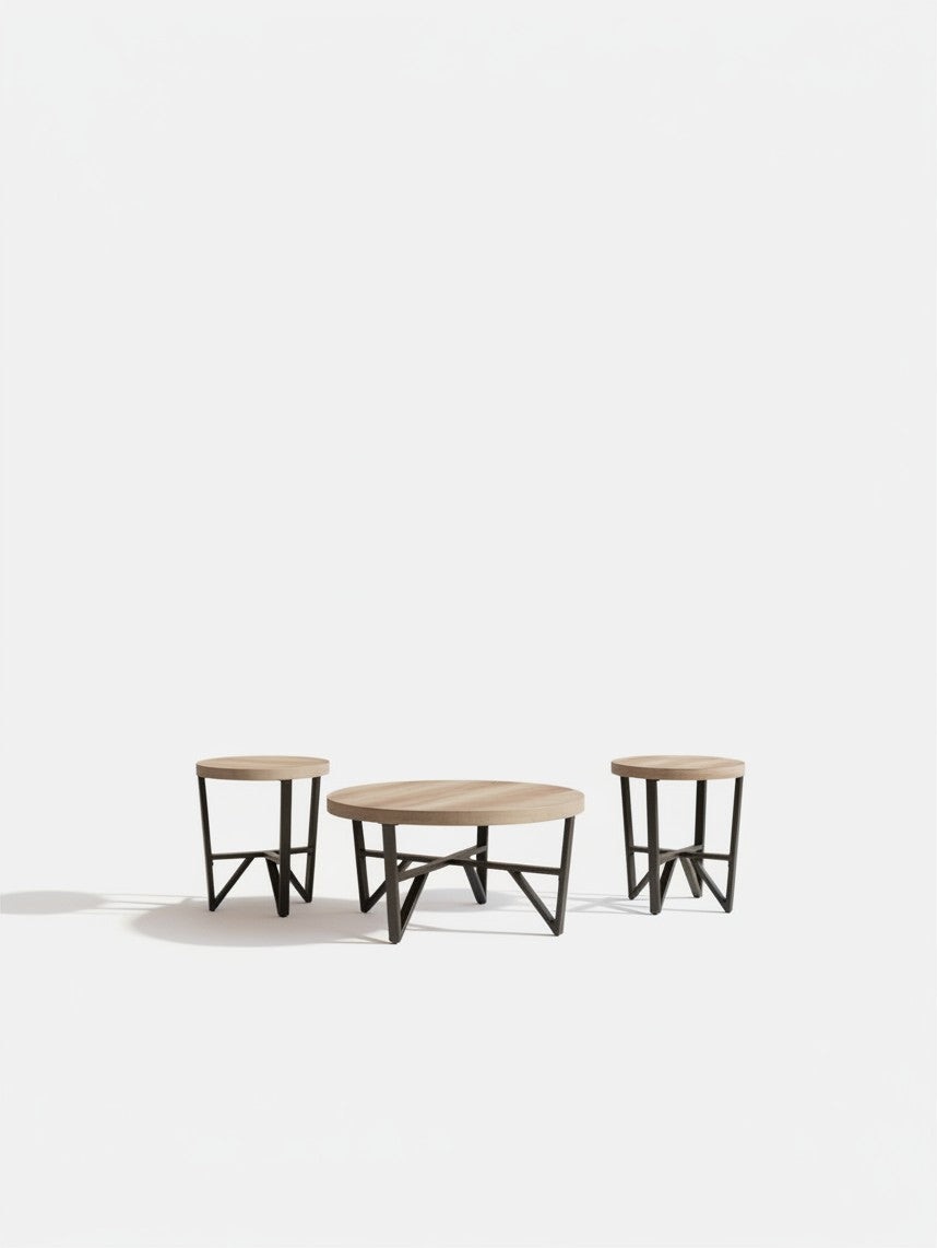 Ensemble de trois tables basses TOCO Meubles avec plateaux ronds en bois brun gris et pieds en métal noir