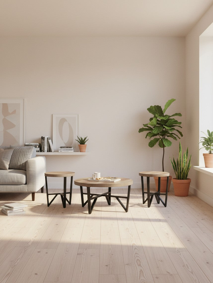 Ensemble de 3 tables basses TOCO Meubles avec plateaux ronds en bois brun gris et pieds en métal noir dans un salon
