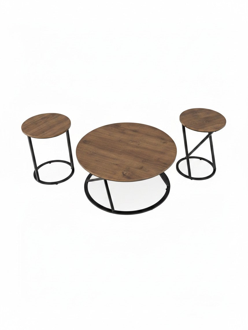 Ensemble de 3 tables basses TOCO Meubles avec plateaux ronds en bois brun et pieds en métal noir