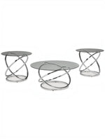 Ensemble de trois tables basses TOCO Meubles avec plateaux en verre trempé et pieds entrelacés en chrome brillant