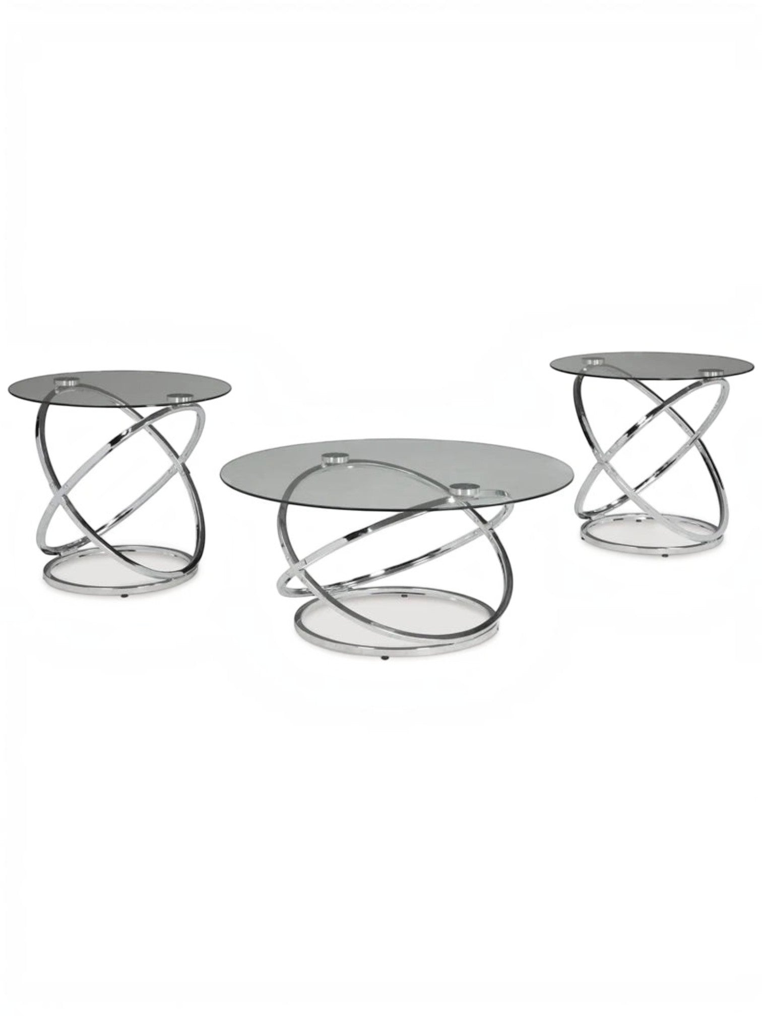 Ensemble de trois tables basses TOCO Meubles avec plateaux en verre trempé et pieds entrelacés en chrome brillant