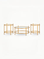 Ensemble de trois tables basses Okiro TOCO Meubles avec structure en métal doré et plateaux en verre trempé