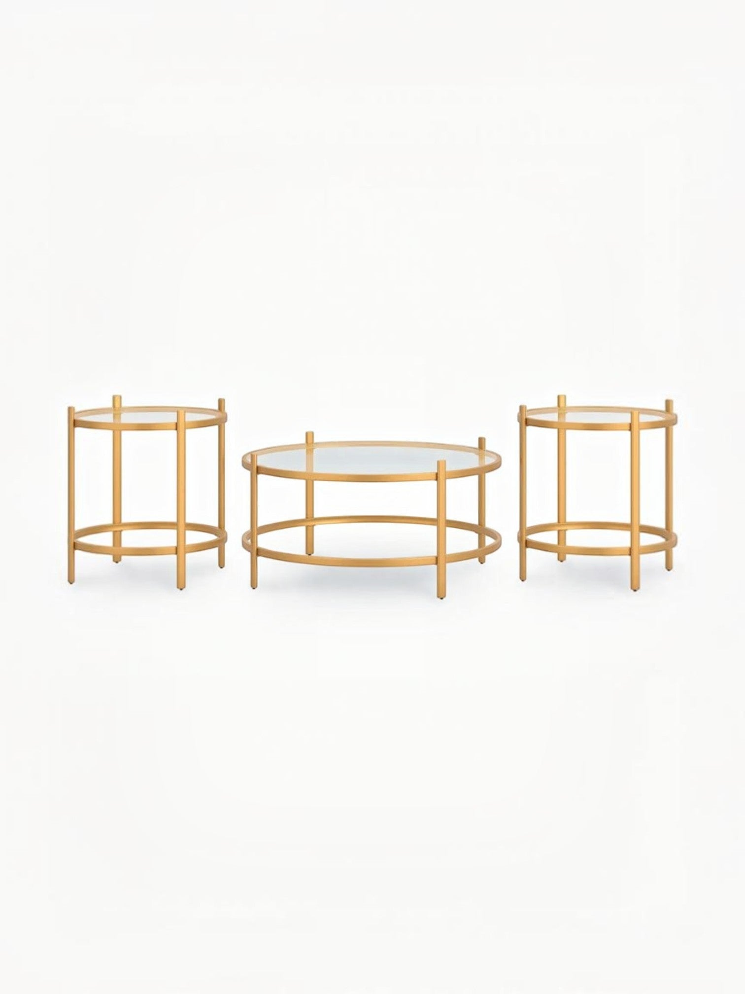 Ensemble de trois tables basses Okiro TOCO Meubles avec structure en métal doré et plateaux en verre trempé