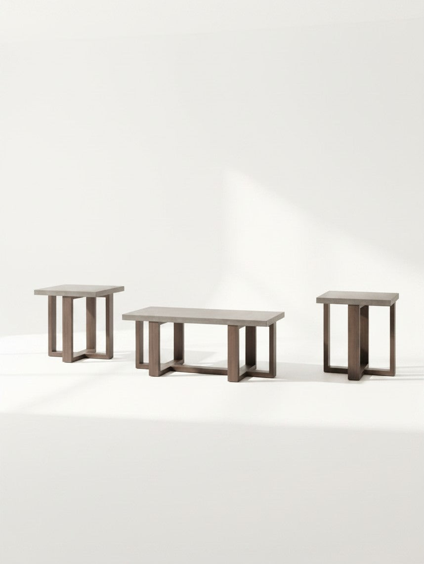 Ensemble de trois tables basses TOCO Meubles avec plateaux gris et pieds en bois brun au design moderne