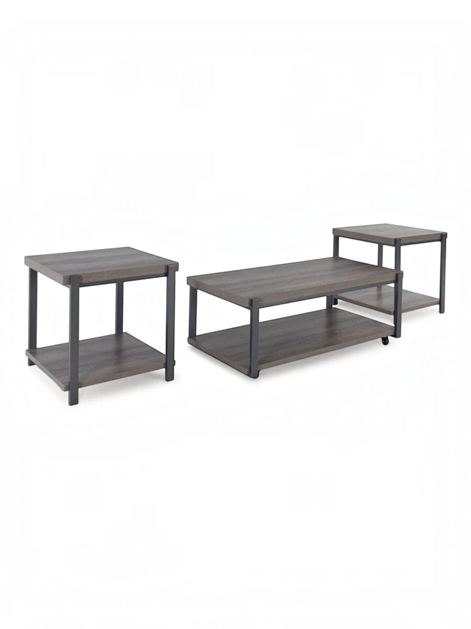 Ensemble de trois tables basses TOCO Meubles Wilma avec plateaux gris effet bois et structure en métal noir