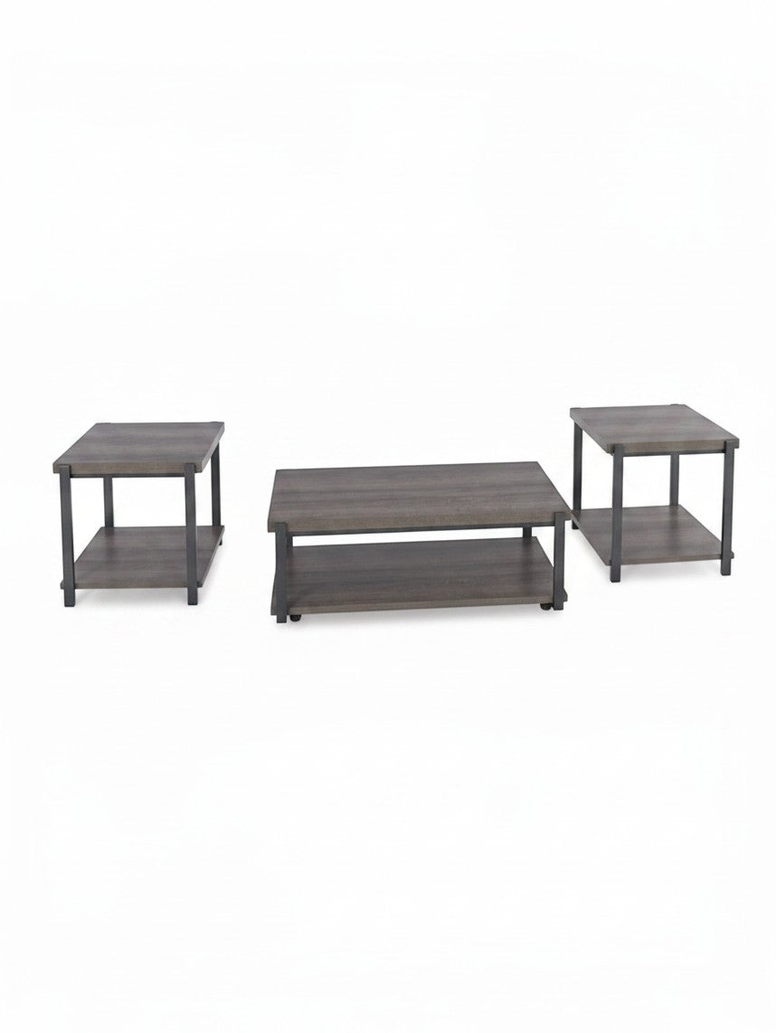 Ensemble de trois tables basses TOCO Meubles Wilma avec plateaux gris effet bois et structure en métal noir