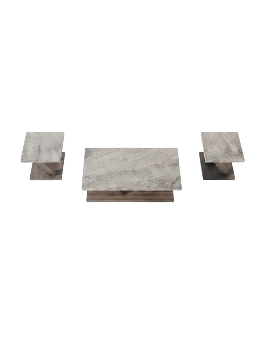 Ensemble de 3 tables basses TOCO Meubles avec plateaux effet marbre gris et bases en bois brun
