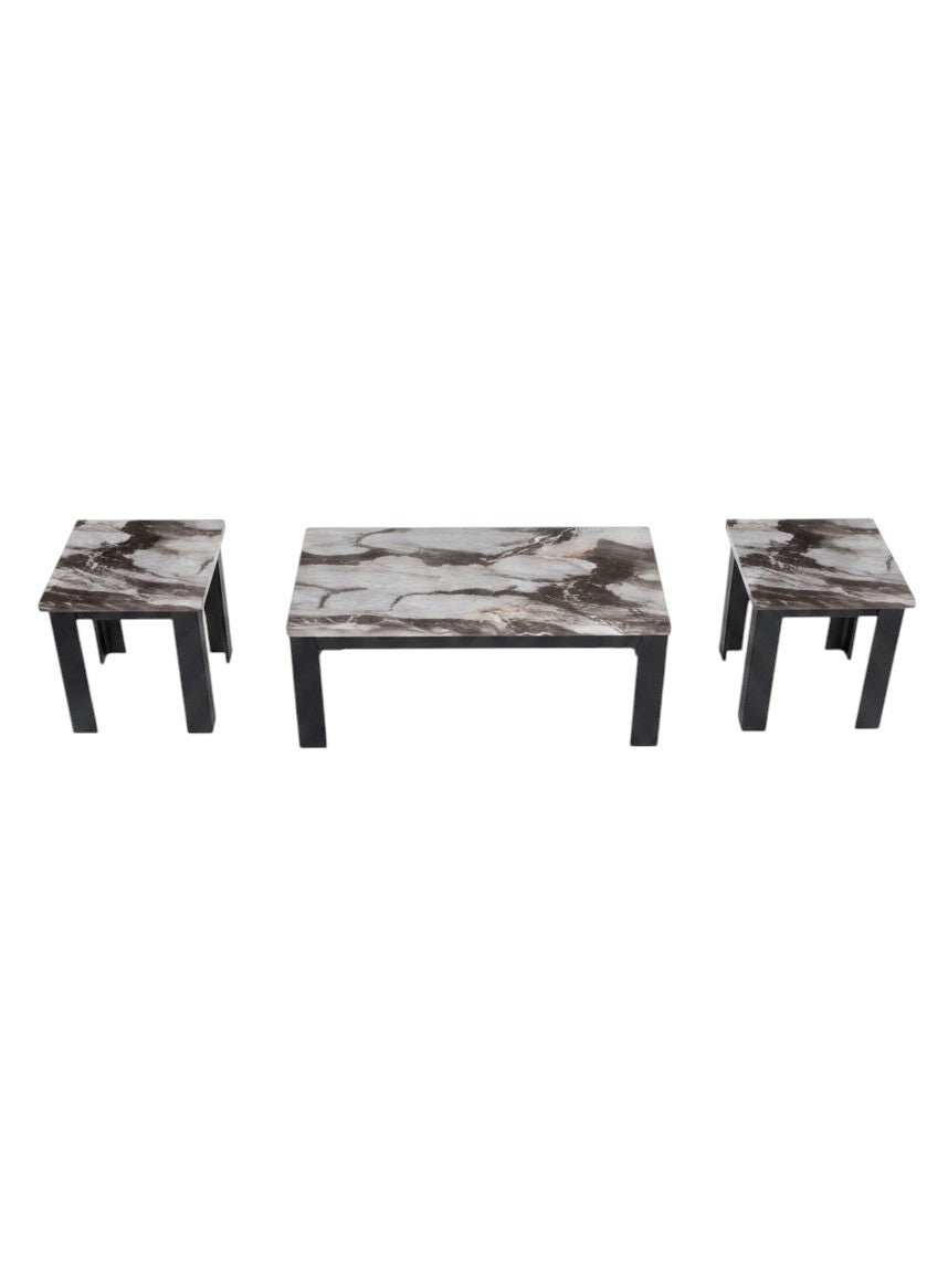 Ensemble de 3 tables basses TOCO Meubles avec plateaux effet marbre brun foncé et pieds noirs modernes