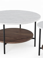 Ensemble de tables basses TOCO Meubles Ytoa avec plateau rond en marbre blanc, étagère en bois et pieds en métal noir