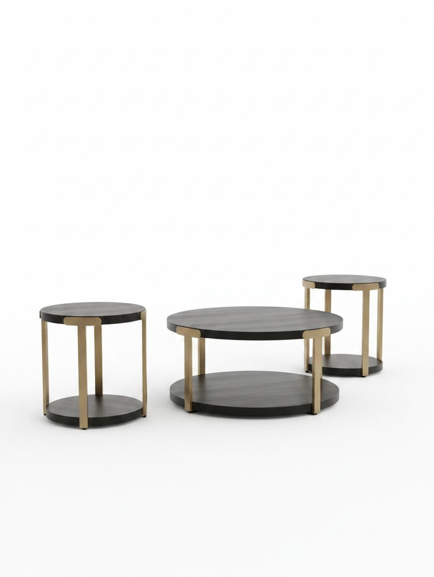 Ensemble de trois tables basses TOCO Meubles Shylo avec plateaux noirs ronds et pieds en métal finition laiton