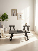Ensemble de trois tables basses TOCO Meubles en bois noir et étain au design rustique moderne dans un salon lumineux