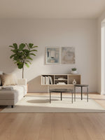 Ensemble de trois tables basses rondes noires TOCO Meubles dans un salon moderne et minimaliste