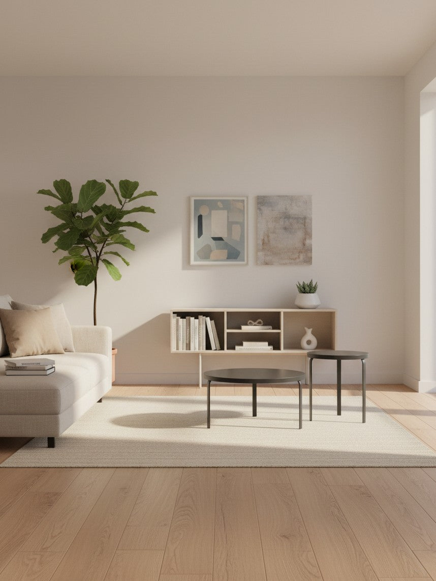 Ensemble de trois tables basses rondes noires TOCO Meubles dans un salon moderne et minimaliste