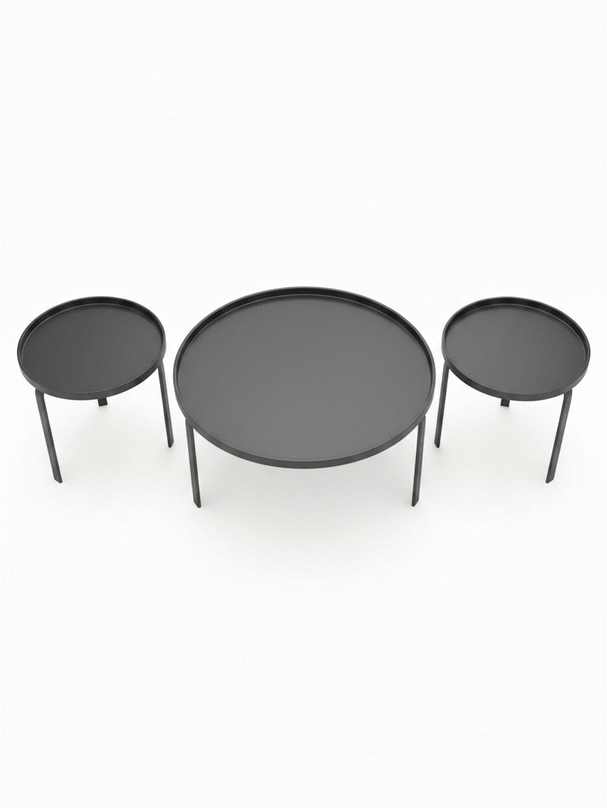 Ensemble de trois tables basses rondes noires TOCO Meubles au design minimaliste avec plateaux à rebords