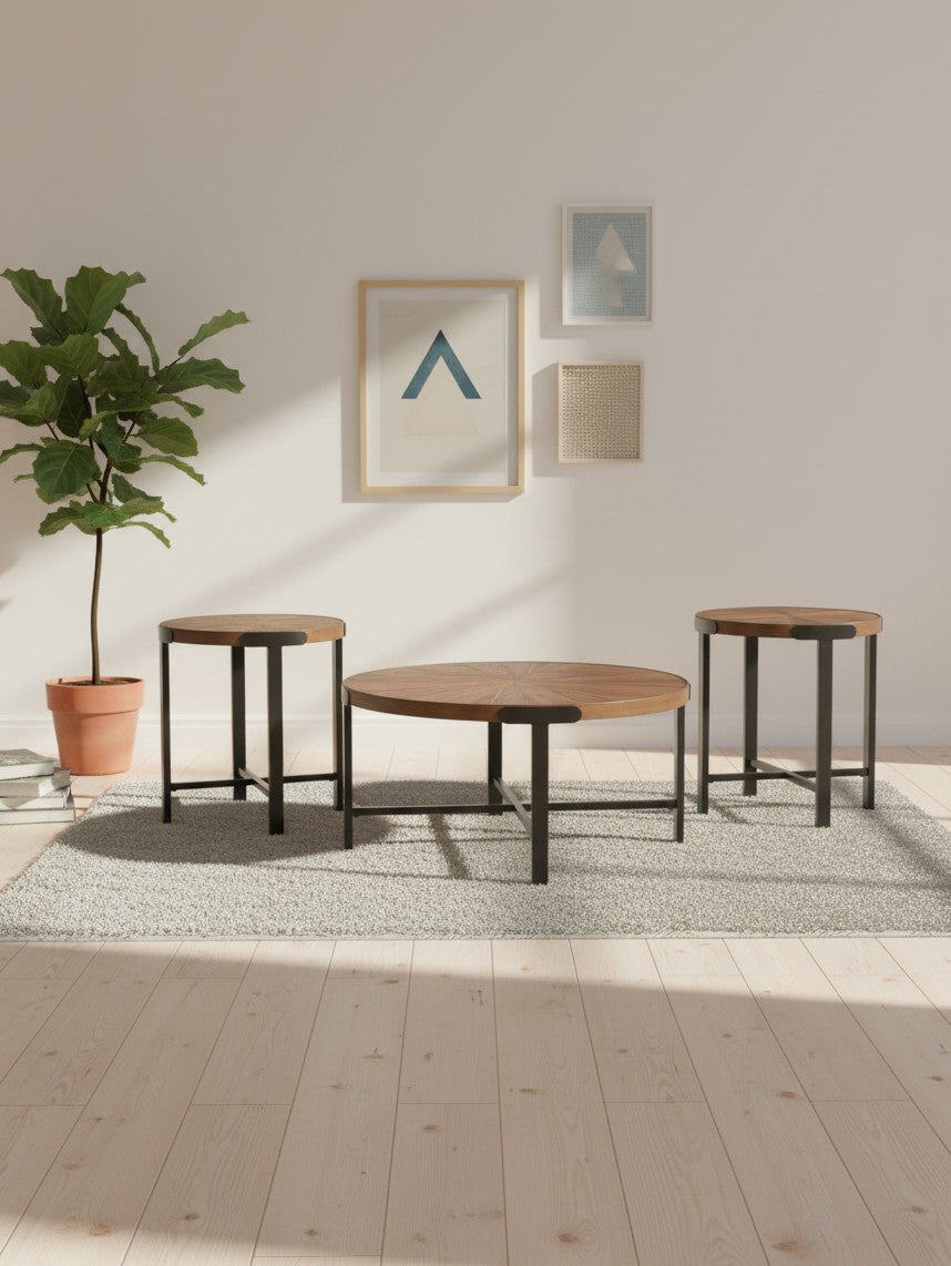 Ensemble de trois tables basses rondes TOCO Meubles en bois brun avec pieds en métal noir dans un salon moderne