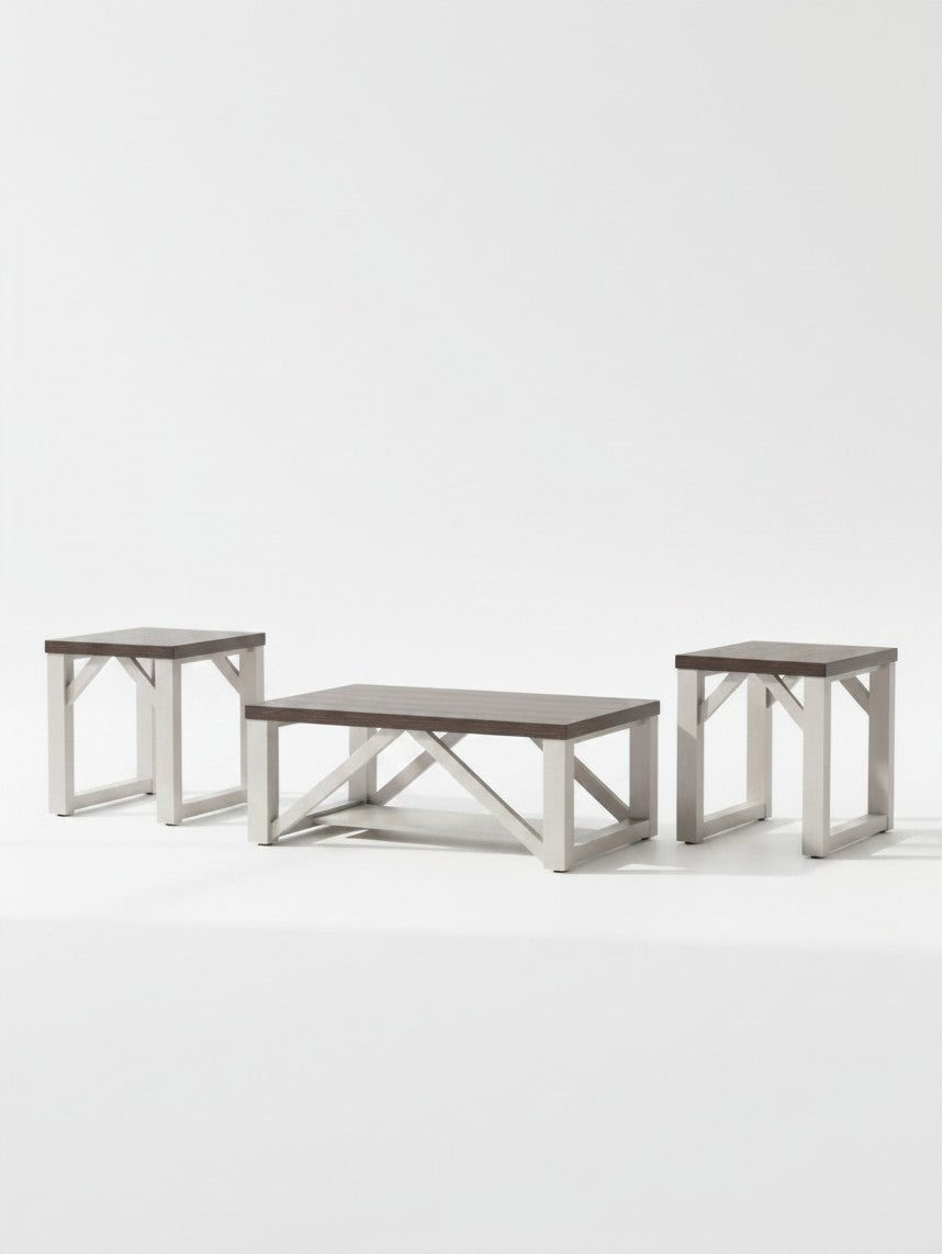 Ensemble de 3 tables basses TOCO Meubles au style rustique avec plateaux foncés et bases en bois blanc antique