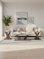 Ensemble de 3 tables TOCO Meubles Benso avec plateaux gris effet pierre et bases en bois brun dans un salon moderne