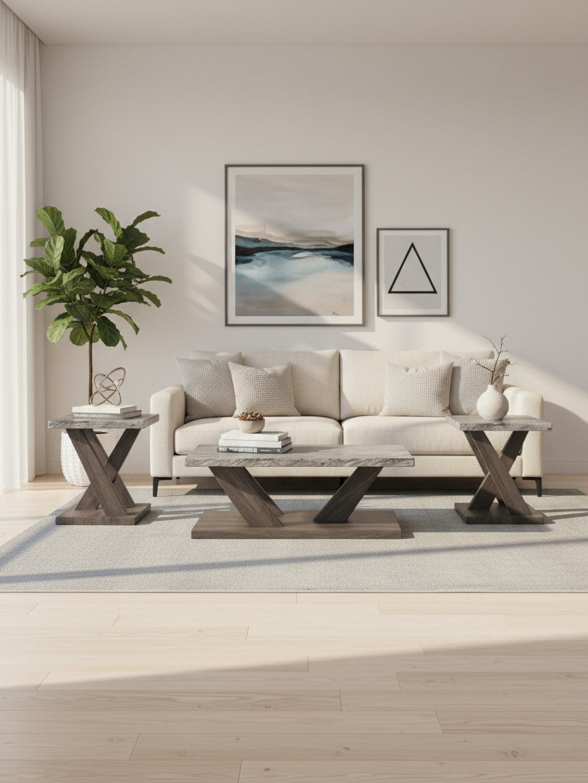 Ensemble de 3 tables TOCO Meubles Benso avec plateaux gris effet pierre et bases en bois brun dans un salon moderne