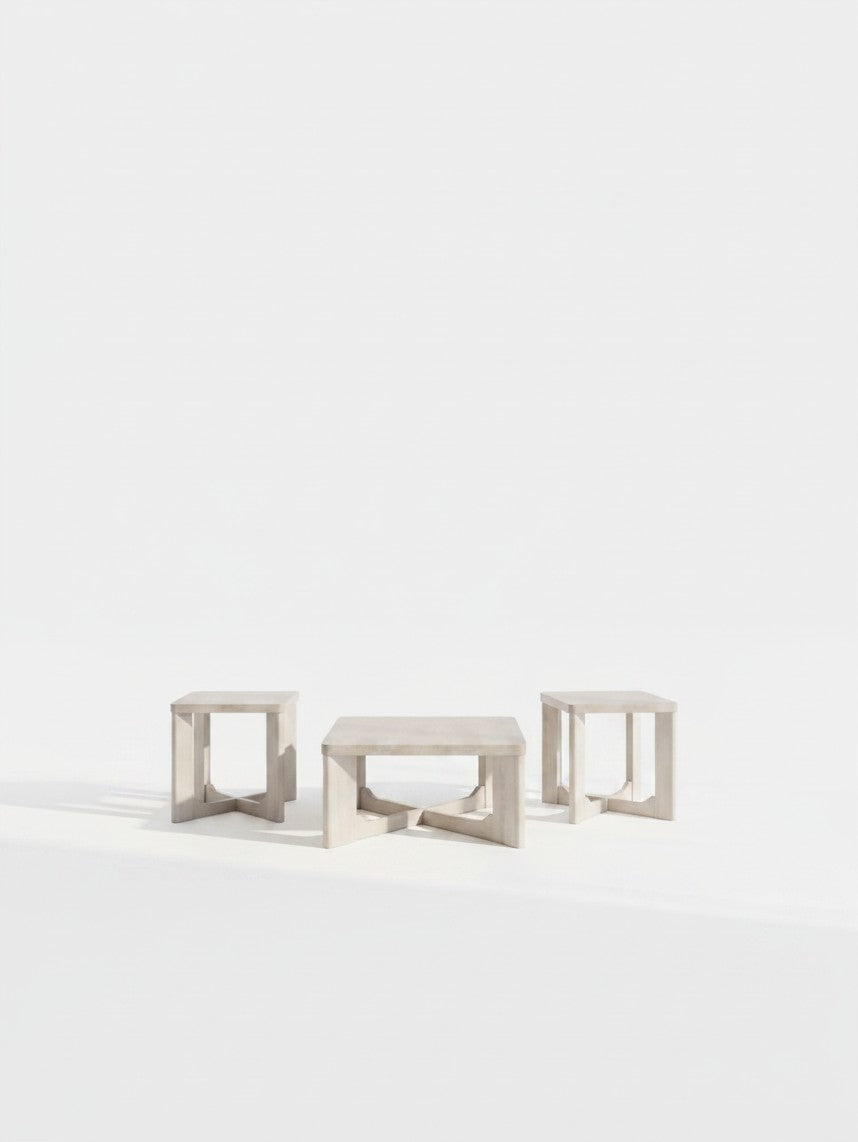 Ensemble de trois tables basses TOCO Meubles en bois finition blanchie avec pieds en croix modernes