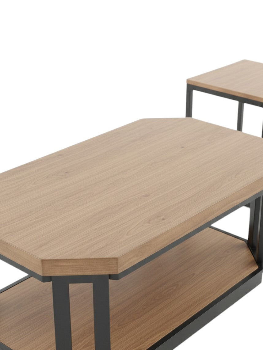 Ensemble de trois tables basses TOCO Meubles avec plateaux en bois brun et structures en métal noir