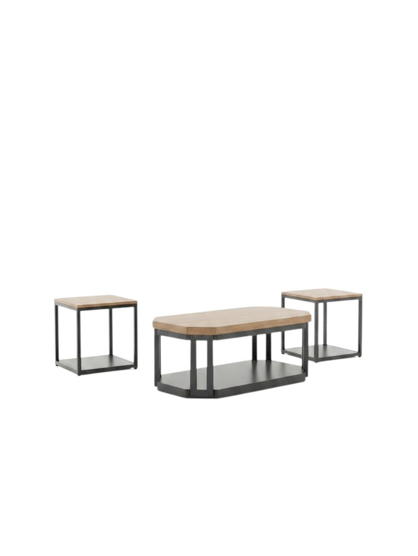 Ensemble de trois tables basses TOCO Meubles avec plateaux en bois brun et structures en métal noir