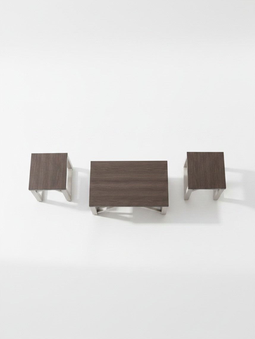 Ensemble de 3 tables basses Dorri de TOCO Meubles avec plateaux en bois brun et pieds en métal argenté