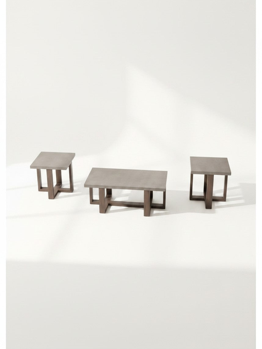 Ensemble de trois tables basses Brook TOCO Meubles avec plateaux gris et pieds en bois brun au design moderne