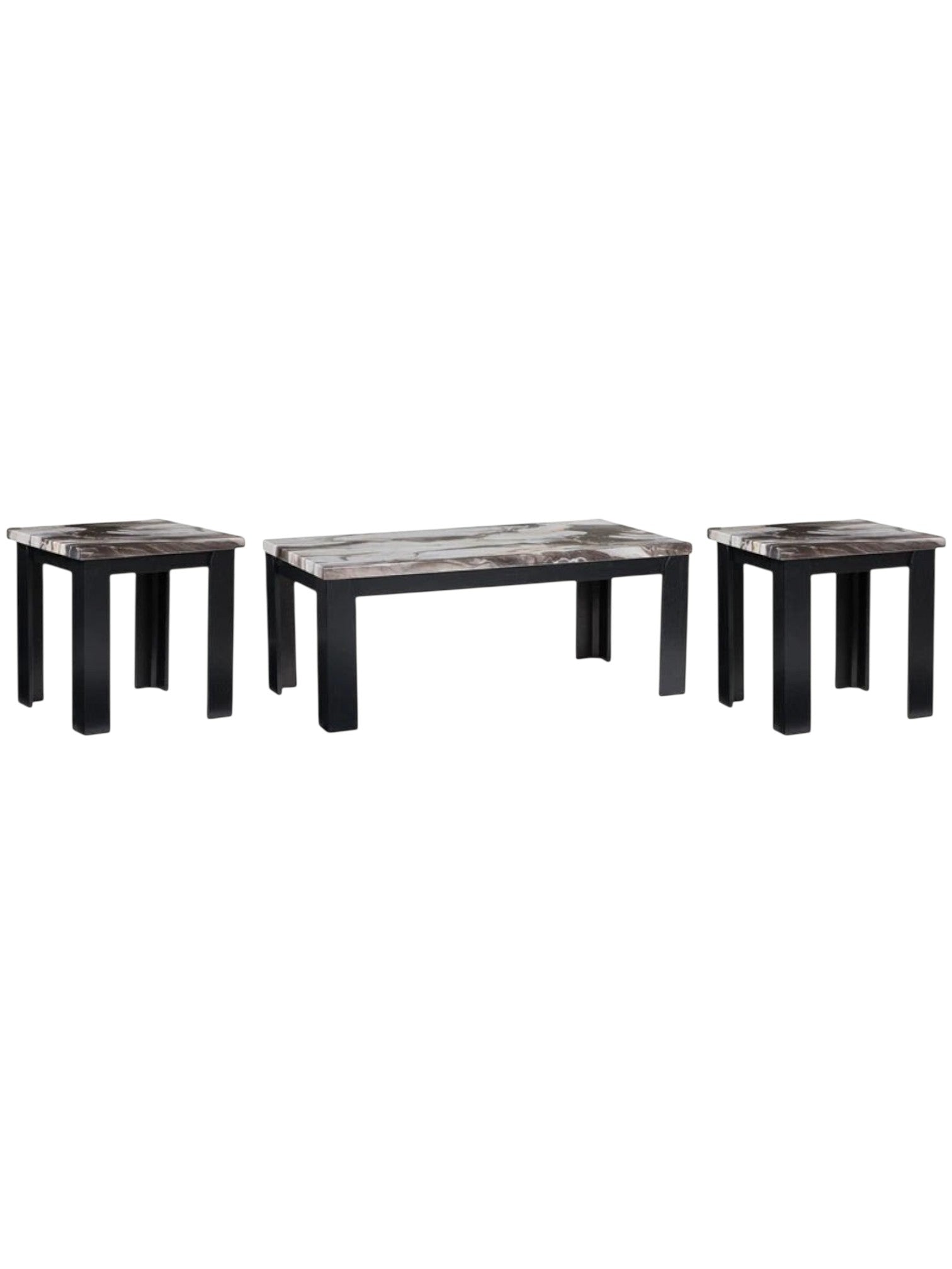 Ensemble de trois tables basses TOCO Meubles avec plateaux effet marbre brun foncé et pieds noirs robustes