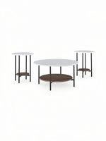 Ensemble de trois tables TOCO Meubles avec plateaux ronds en marbre blanc, étagères en bois brun et pieds en métal noir
