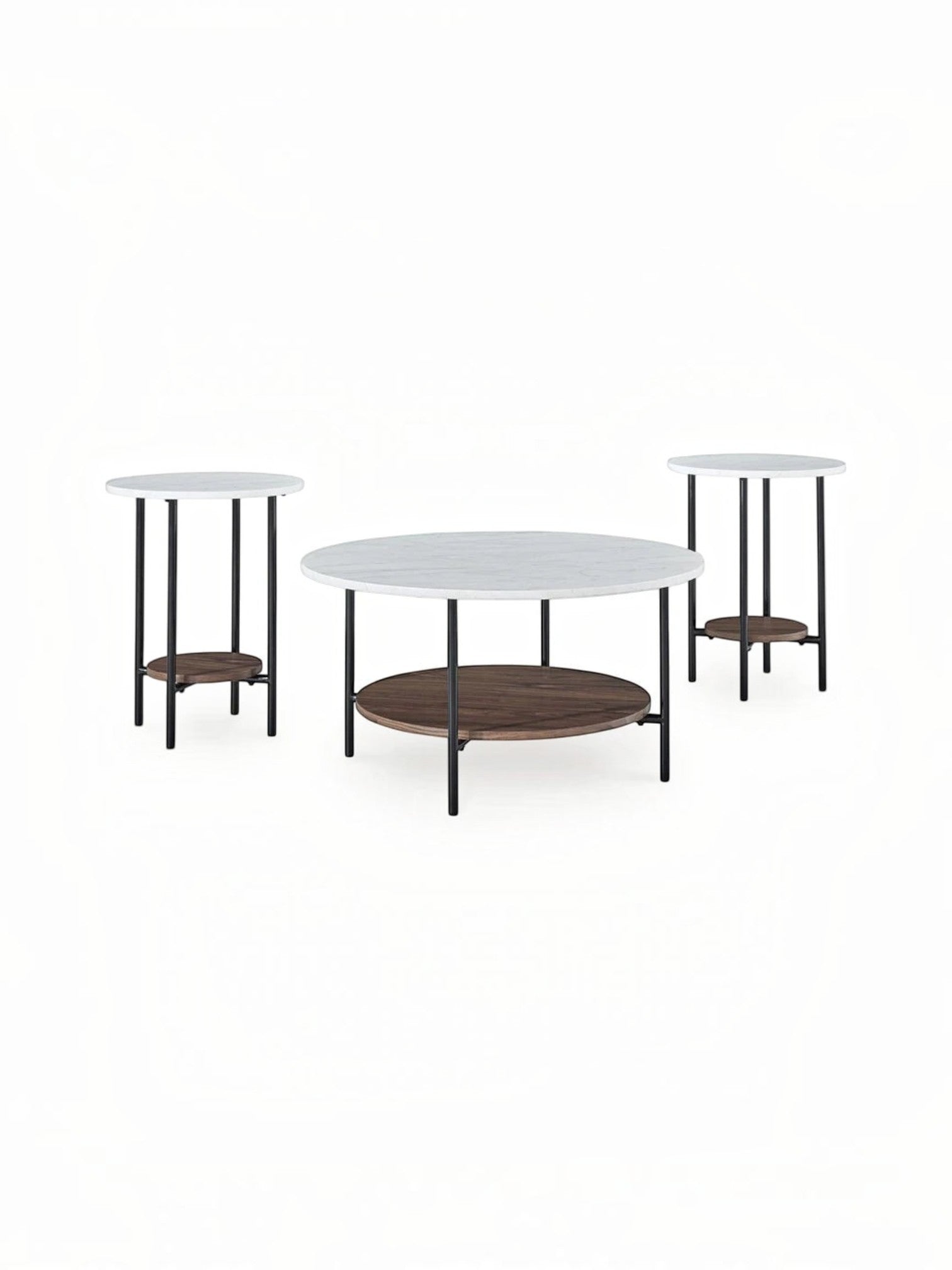 Ensemble de trois tables TOCO Meubles avec plateaux ronds en marbre blanc, étagères en bois brun et pieds en métal noir