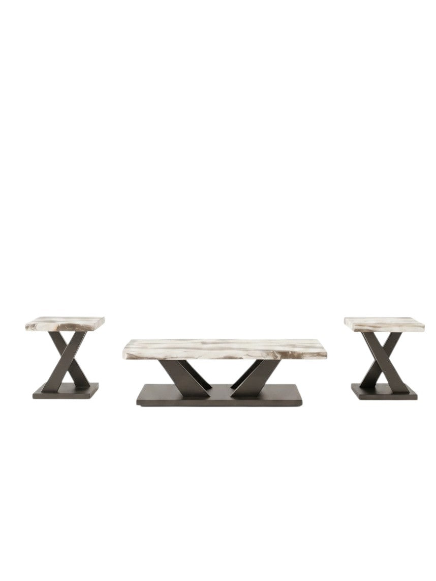Ensemble de tables Neyo par TOCO Meubles avec plateaux effet marbre et pieds en métal noir en forme de X