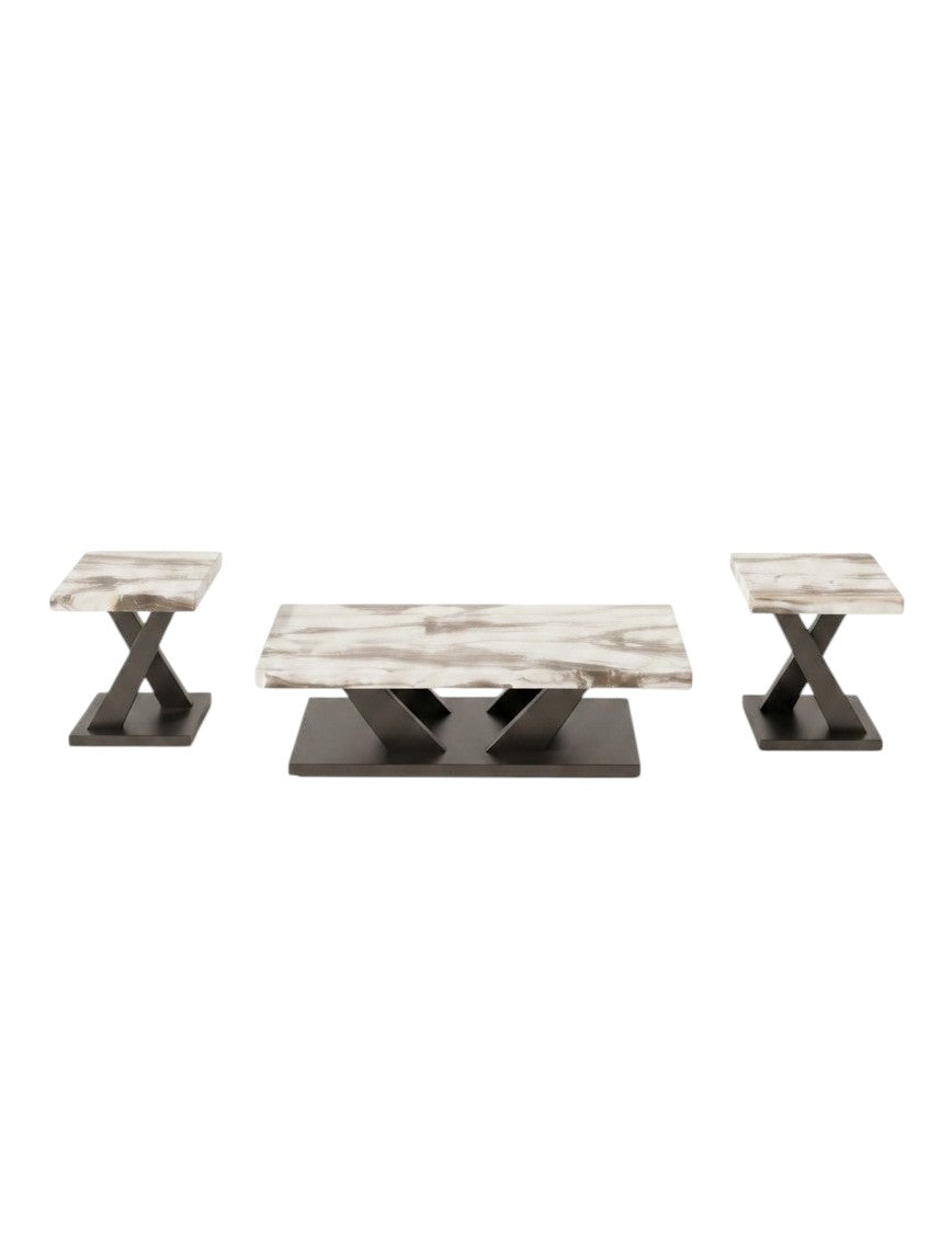 Ensemble de tables basses Neyo par TOCO Meubles avec plateaux effet marbre gris et pieds en métal noir en forme de X