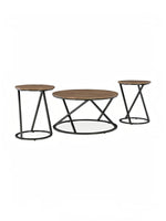 Ensemble de 3 tables basses TOCO Meubles avec plateaux ronds en bois brun et pieds en métal noir au design moderne