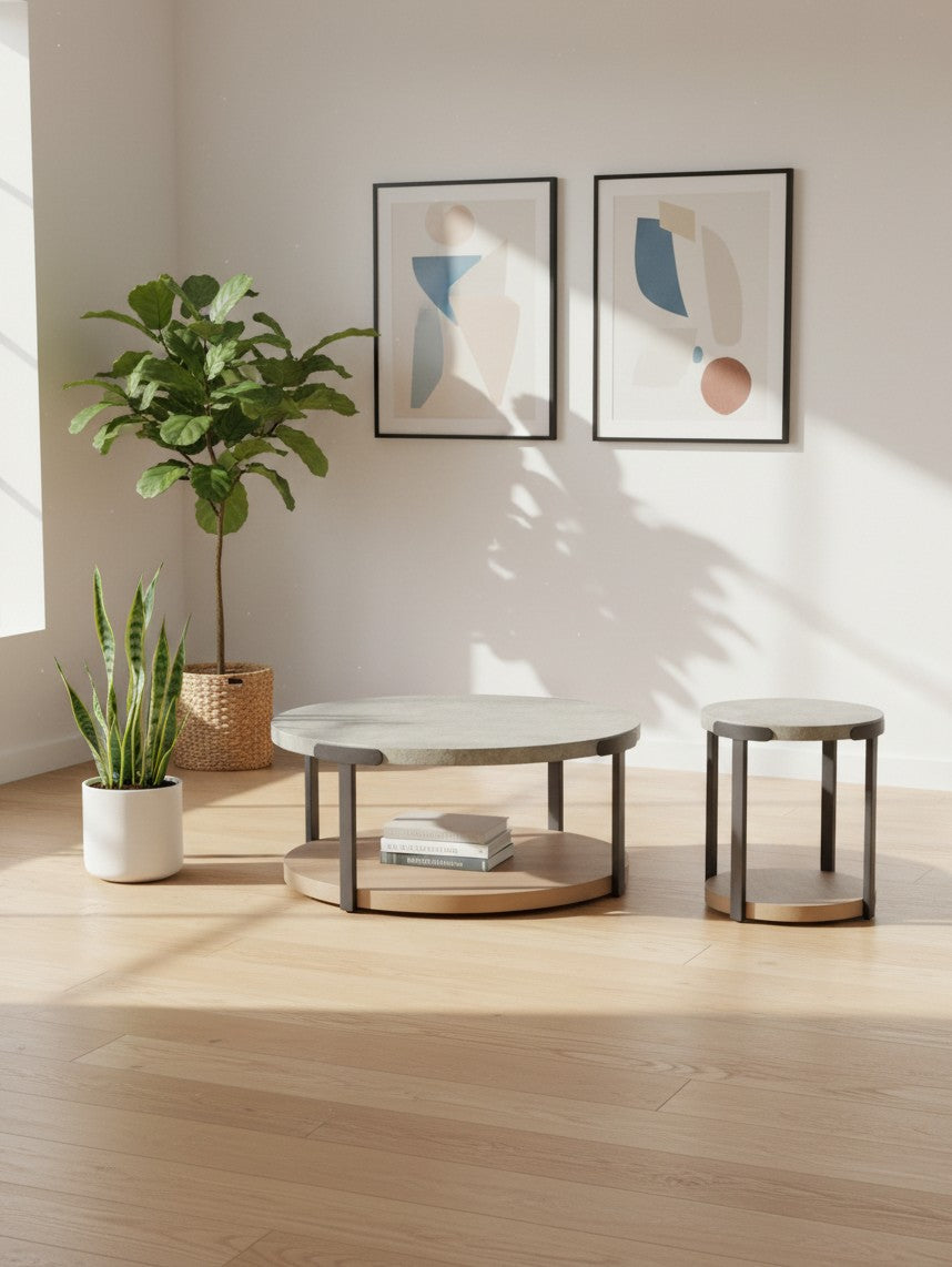 Ensemble de tables basses TOCO Meubles Seki rondes avec plateau en pierre et base en bois et métal noir