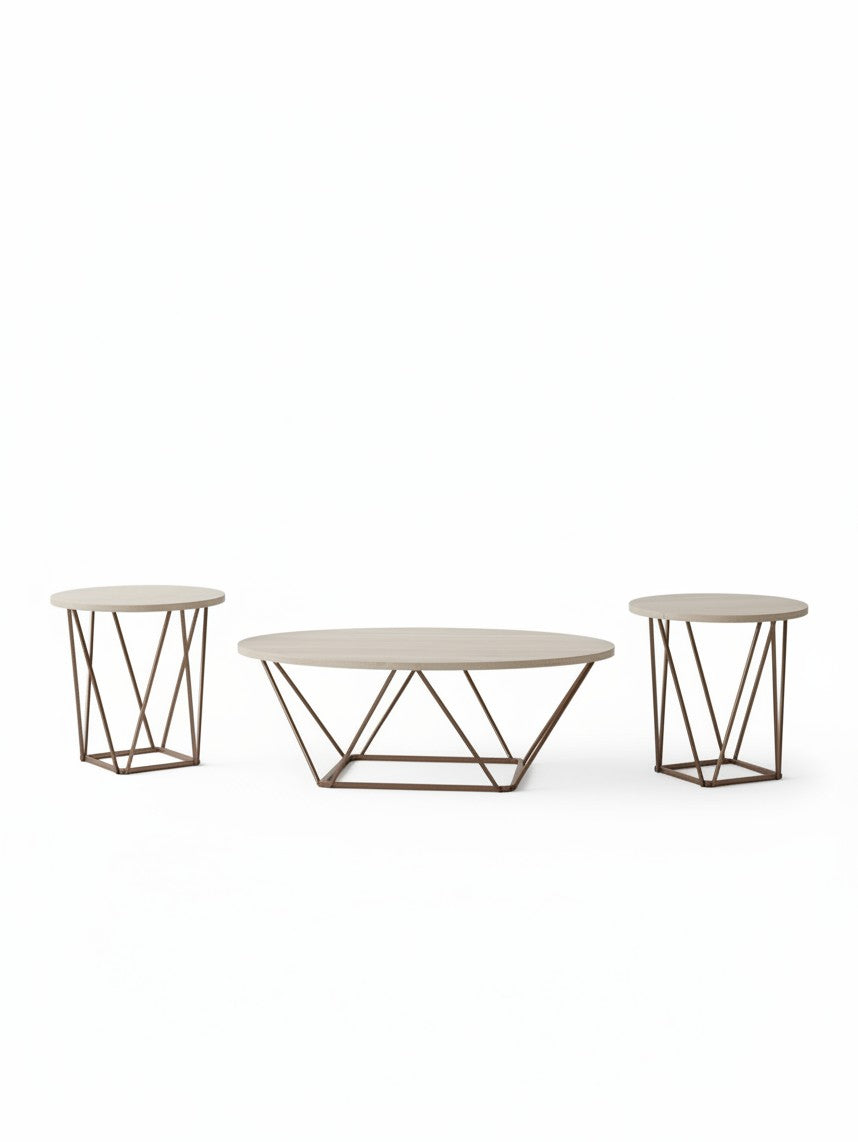 Ensemble de trois tables basses Tarica TOCO Meubles avec plateaux blancs et pieds métalliques géométriques