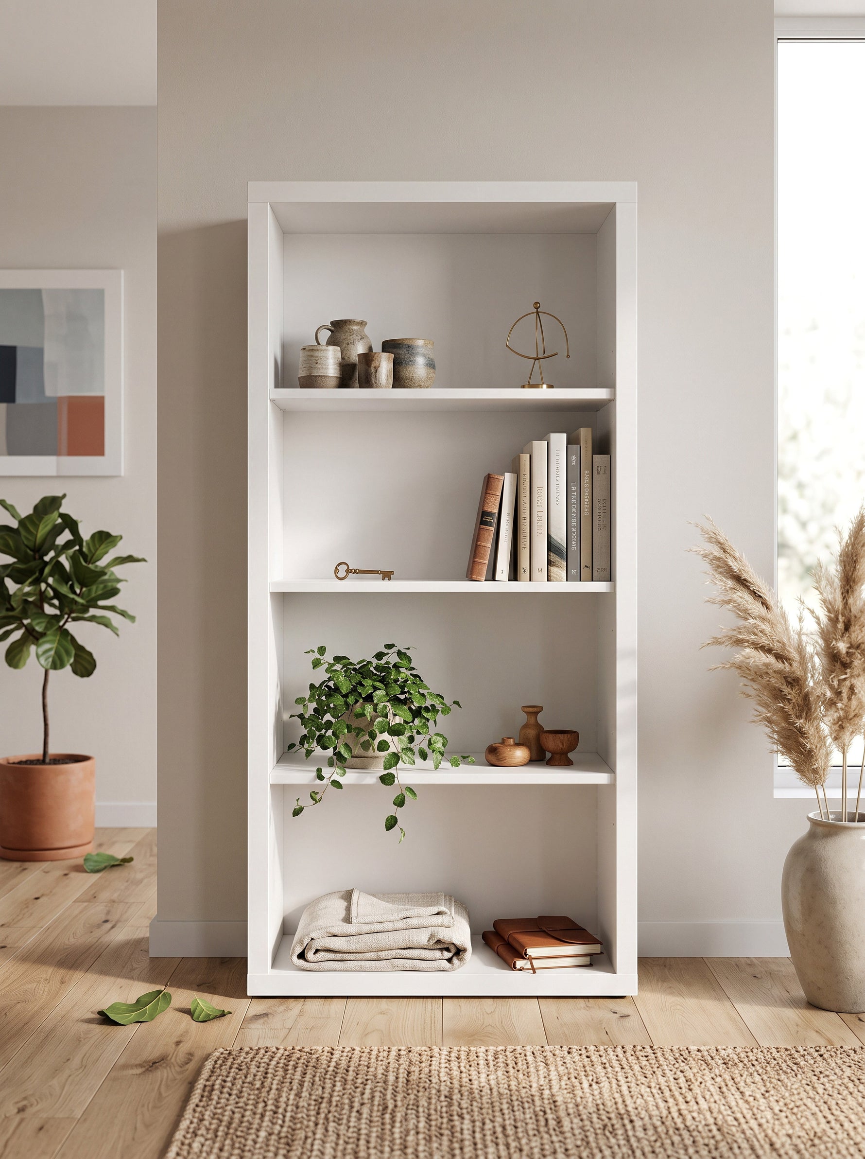 Étagère Blanco de TOCO Meubles, bibliothèque haute blanche à quatre niveaux décorée avec des livres et des plantes.