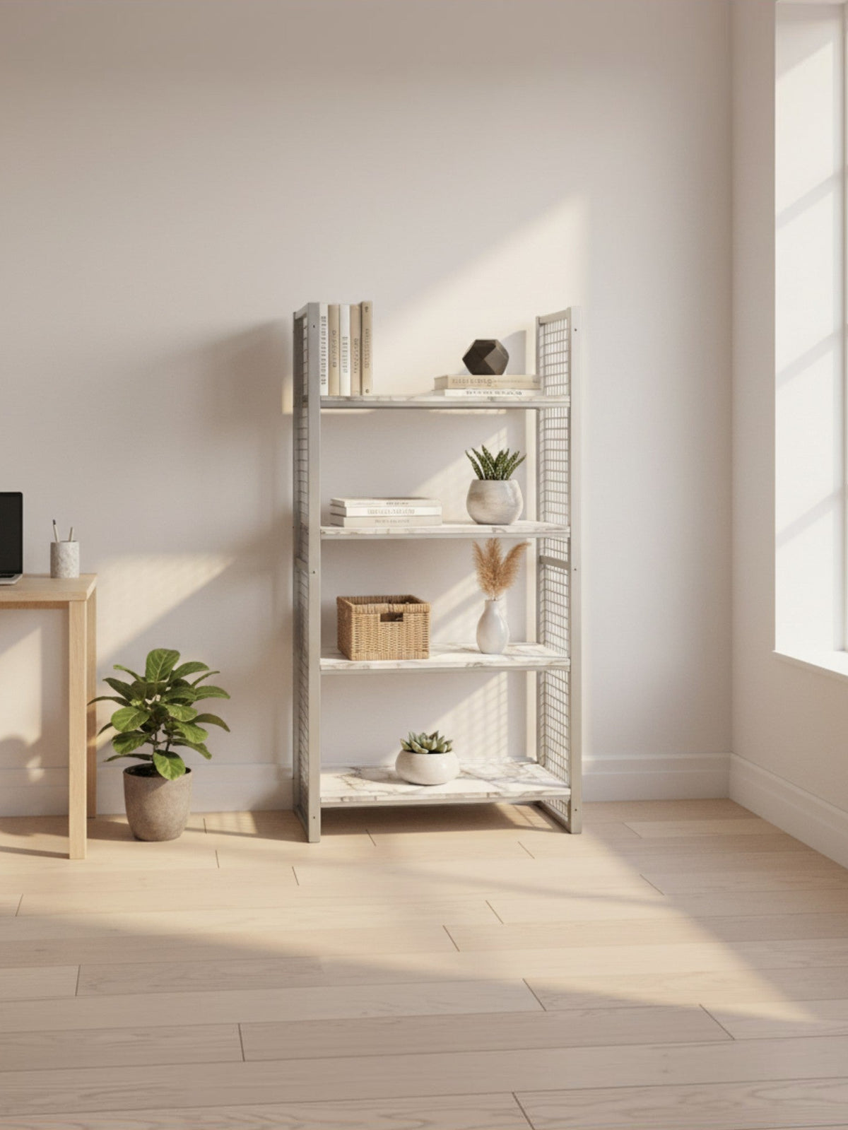 Étagère présentoir Mona TOCO Meubles en métal argenté avec quatre tablettes en stratifié effet marbre blanc